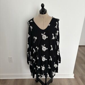 Anthropologie Free People Womens Dress Missing Size Tag Black White Embroidery